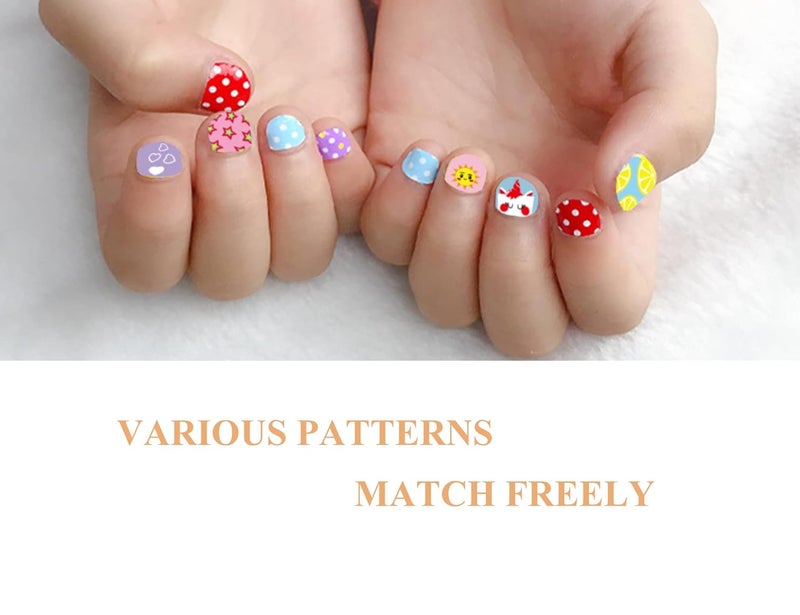 IHUKEIT Kids Nail Stickers Full Nail Wraps Self Adhesive Nail Polish Strips for Kids Girls Nail Art Decoration Fun Including Fruits Rainbows Stars Hearts Clouds Recommend for Age 8 and Older (Pack of 10) - Image 5